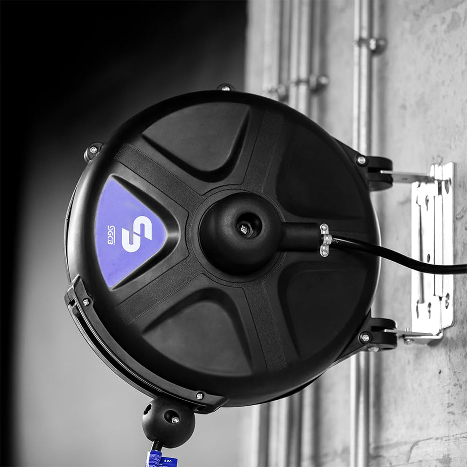 SGCB Retractable Extension Cord Reel 33 Feet Electric Cord Reel with 12AWG/3C SJTOW 15A Circuit Breaker 3-Lighted Triple Outlets for Home Garage Workshop Maintenance Shop